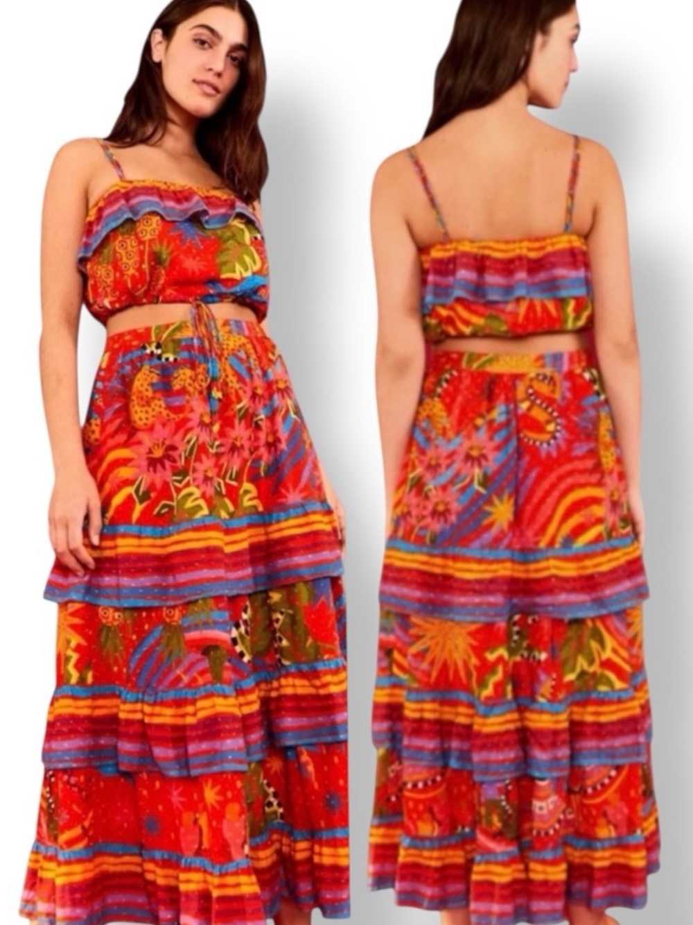 FARM Rio Red Multicolor Ruffle Tie-Front Crop Top - Picture 4 of 11